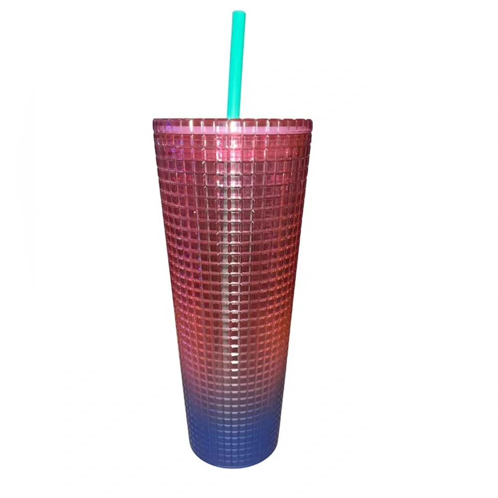 NWT Starbucks Venti Pink Blue Gradient Grid Tumbler Cold Cup 24oz